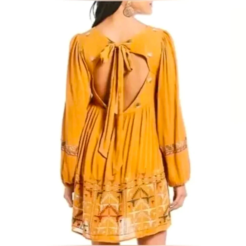 NWT Free People Mustard Yellow Bishop Sleeve Sundress Embroidered Small Mini